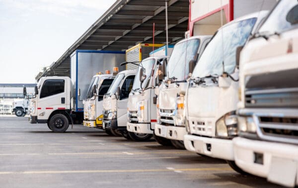 A line of white trucks parked in a lot.